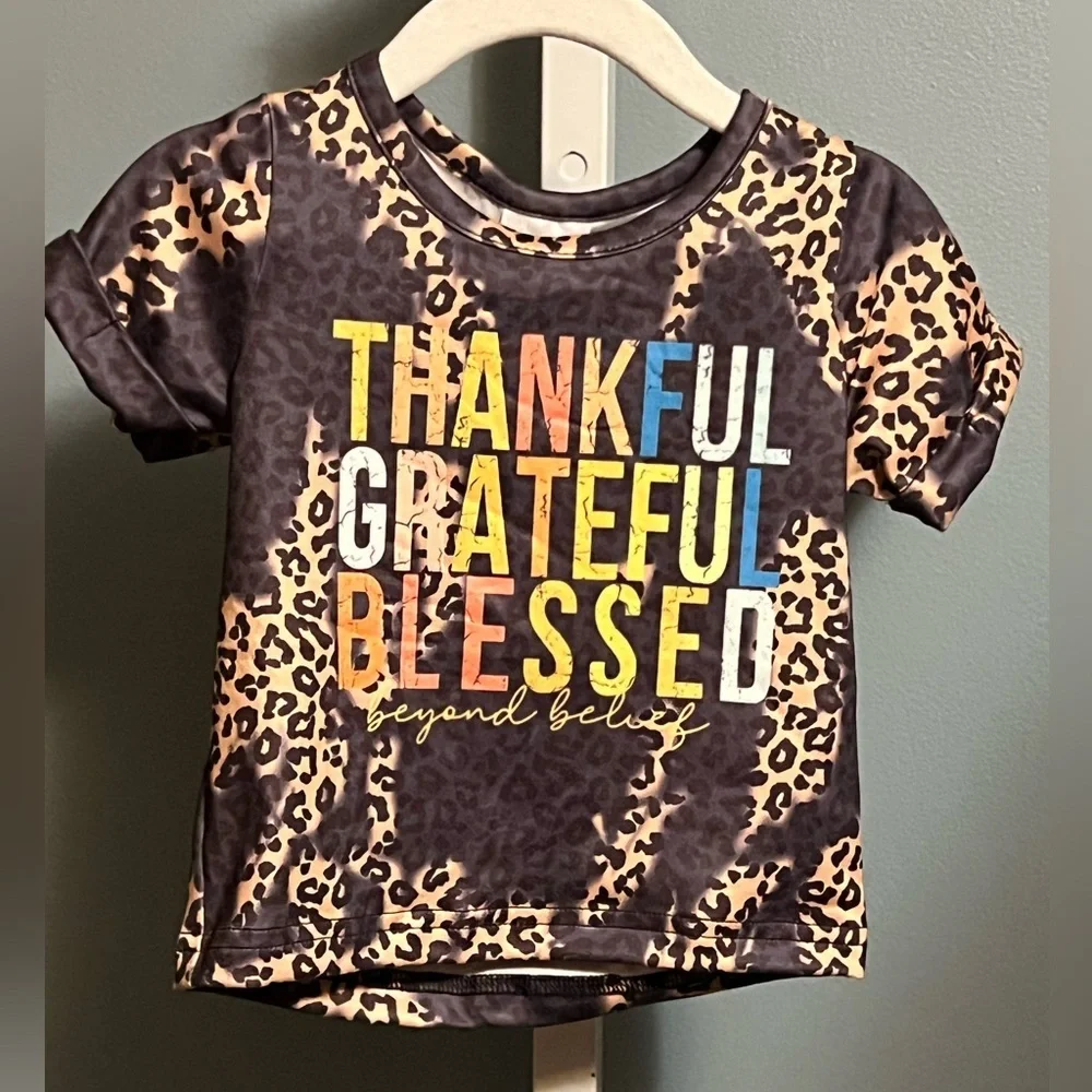 Thankful Grateful Blessed Leopard Print Short Sleeve Shirt NWOT
